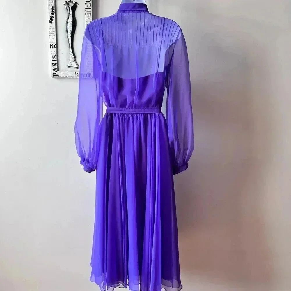 Vintage 60s Purple Chiffon Sheer Long Sleeve Pintuck Dress Size 12